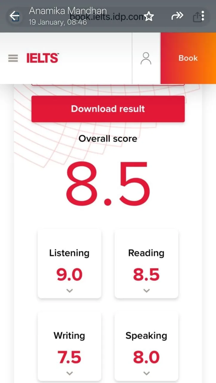 IELTS result Anamika Mandhan Overall 8.5 — IELTS Manzil