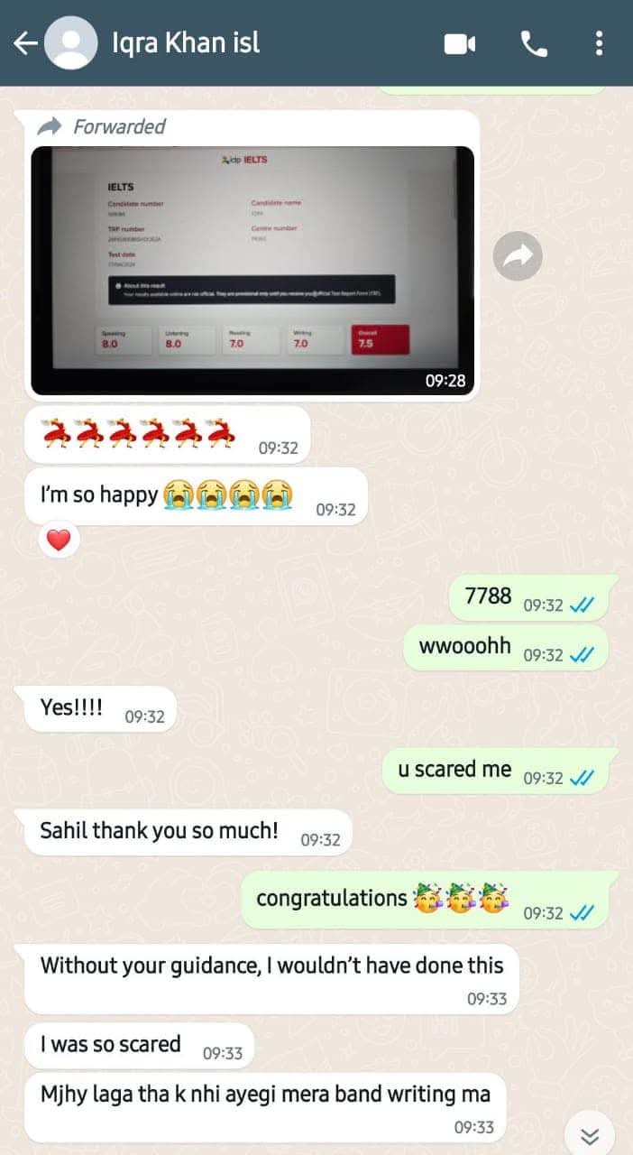 IELTS result Iqra Khan Overall 7.5 — IELTS Manzil