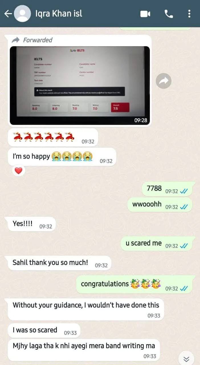 IELTS result Iqra Khan Overall 7.5 — IELTS Manzil