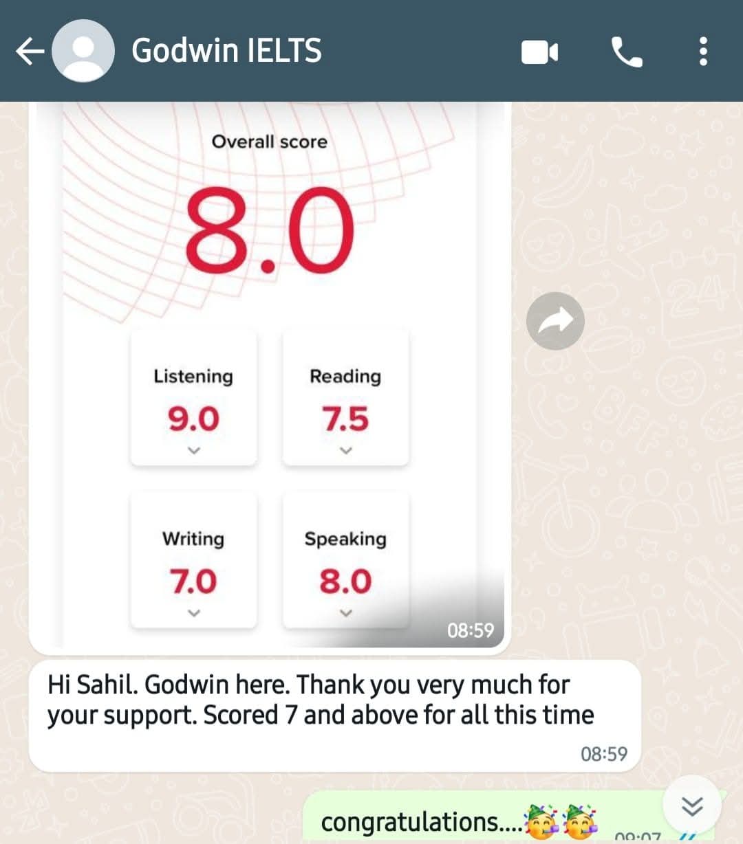 IELTS result Godwin Overall 8.0 — IELTS Manzil