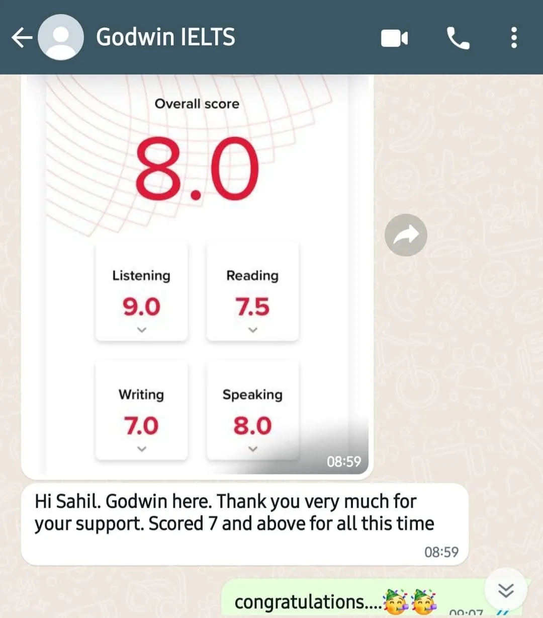 IELTS result Godwin Overall 8.0 — IELTS Manzil