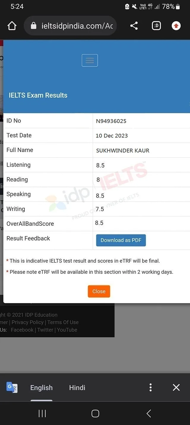 IELTS result Sukhwinder Kaur Overall 8.5 — IELTS Manzil