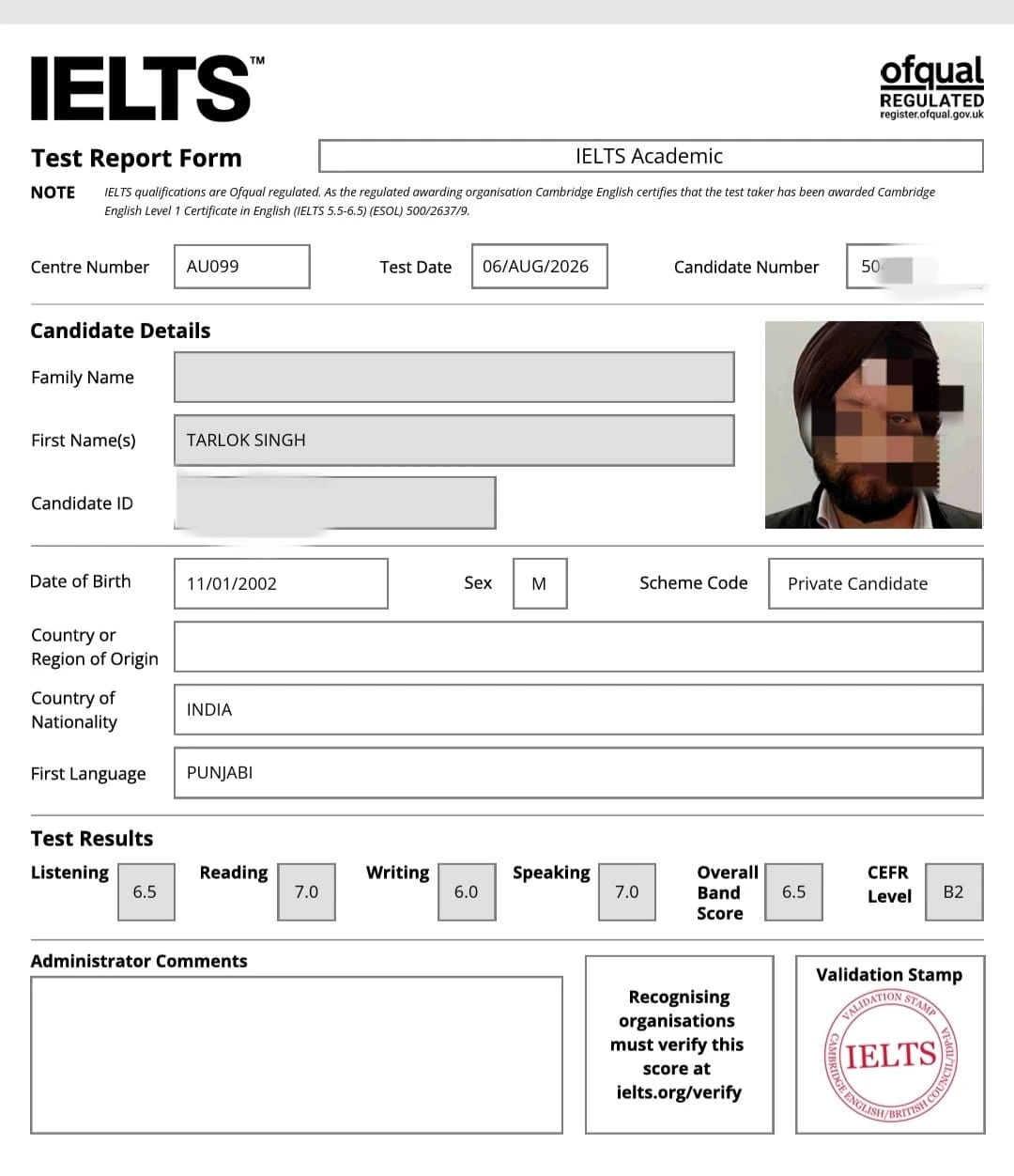 IELTS result Tarlok Overall 6.5 — IELTS Manzil