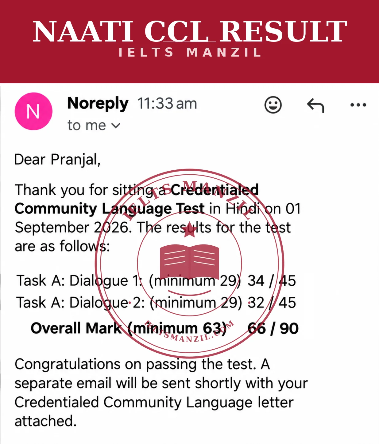 NAATI CCL result Pranjal — Hindi CCL Overall 66/90 — IELTS Manzil