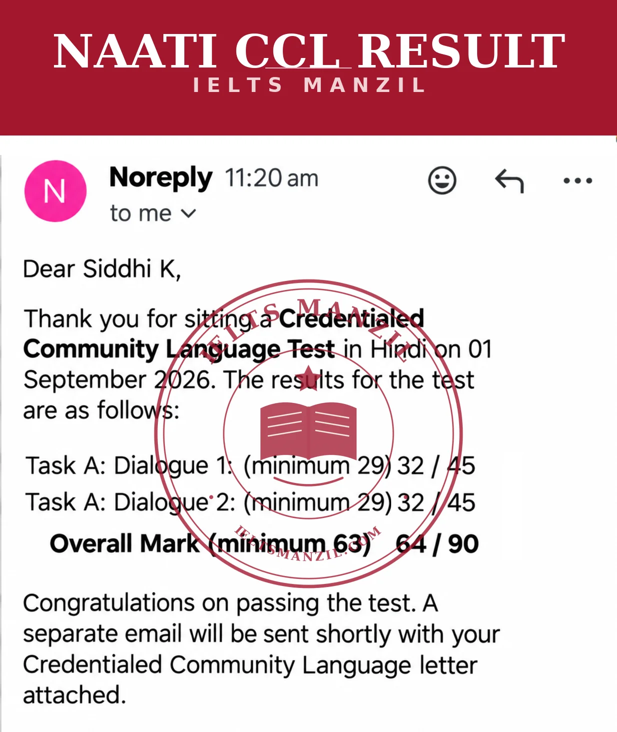 NAATI CCL result Siddhi K — Hindi CCL Overall 64/90 — IELTS Manzil