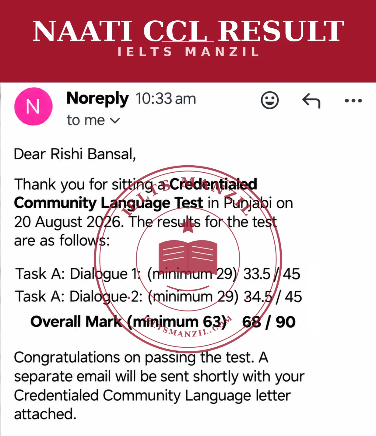 NAATI CCL result Rishi Bansal — Punjabi CCL Overall 68/90 — IELTS Manzil