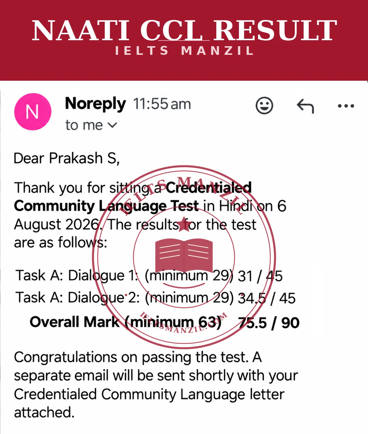 NAATI CCL result Prakash S — Hindi CCL Overall 75.5/90 — IELTS Manzil