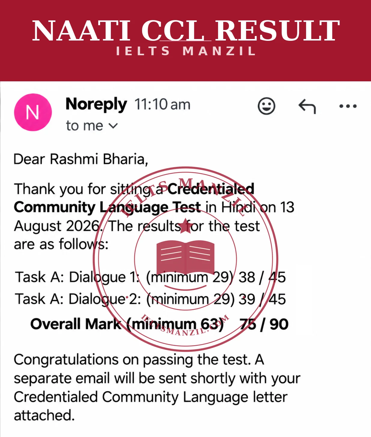 NAATI CCL result Rashmi Bharia — Punjabi CCL Overall 75/90 — IELTS Manzil